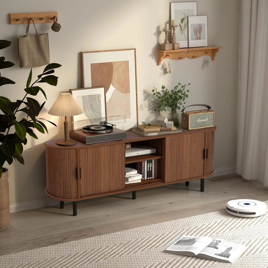 62" Mid-Century Wood TV Stand with Tambour Doors & Storage