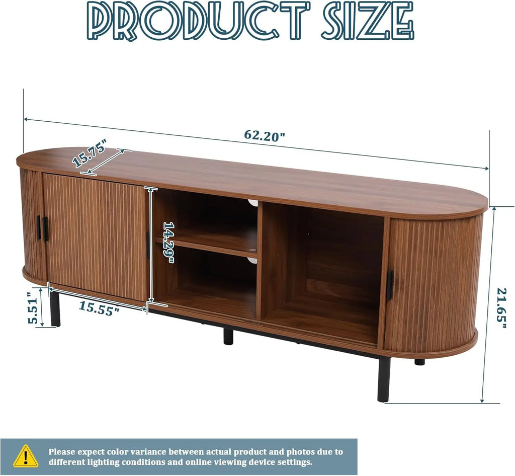 62" Mid-Century Wood TV Stand with Tambour Doors & Storage