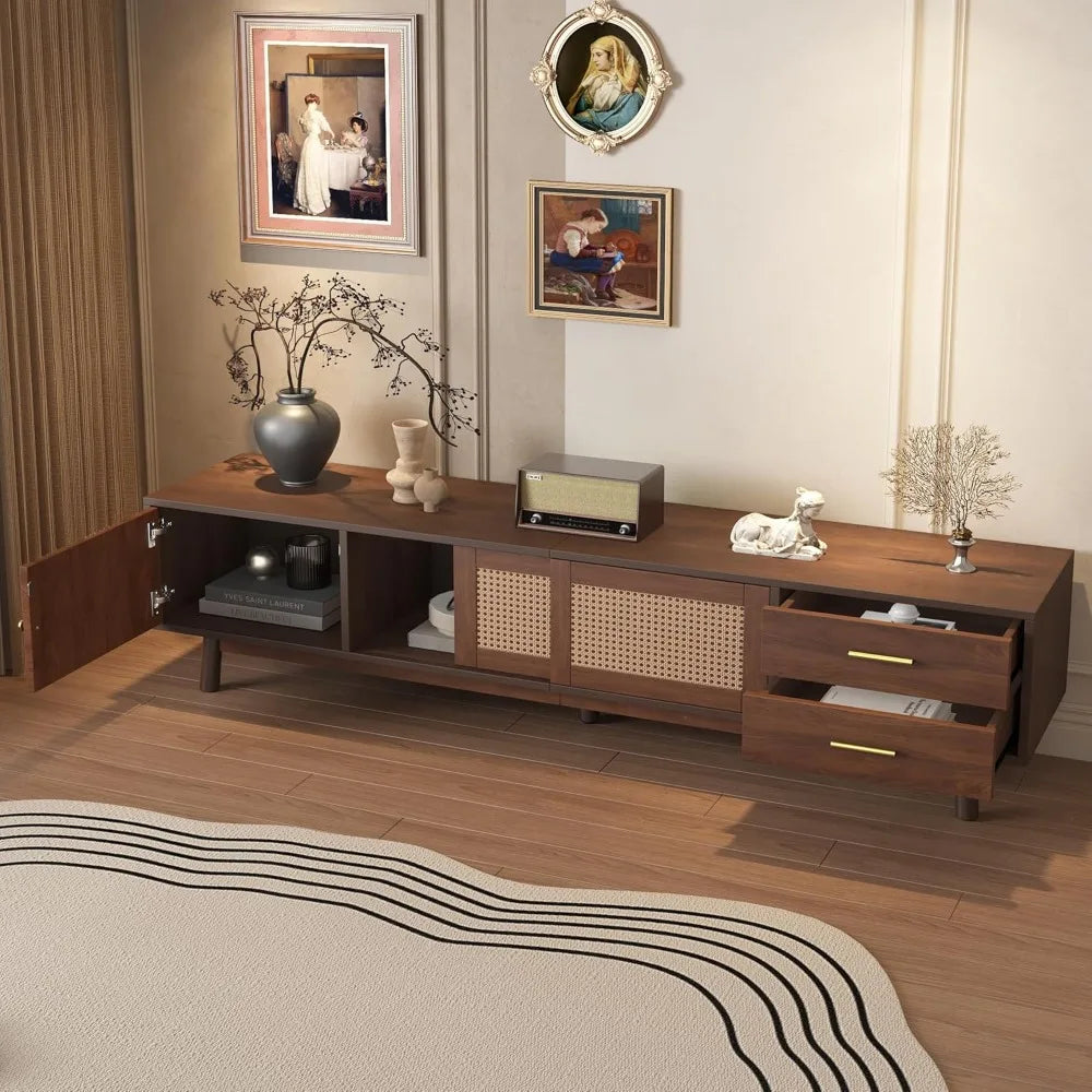 Walnut Brown Mid-Century TV Stand with Storage & Power