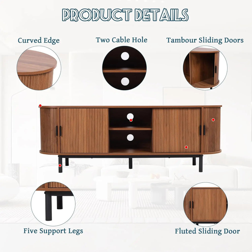 62" Mid-Century Wood TV Stand with Tambour Doors & Storage