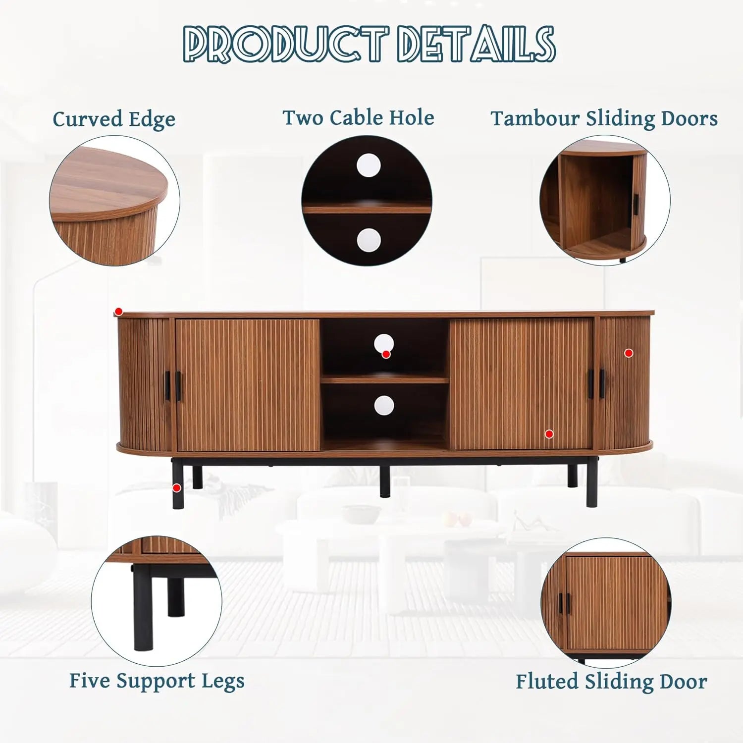 62" Mid-Century Wood TV Stand with Tambour Doors & Storage