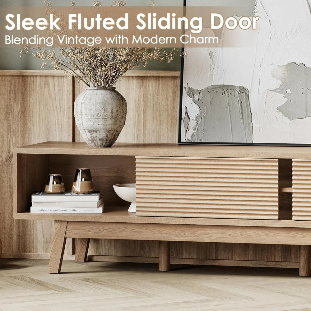 59" Mid-Century TV Console with Fluted Sliding Doors