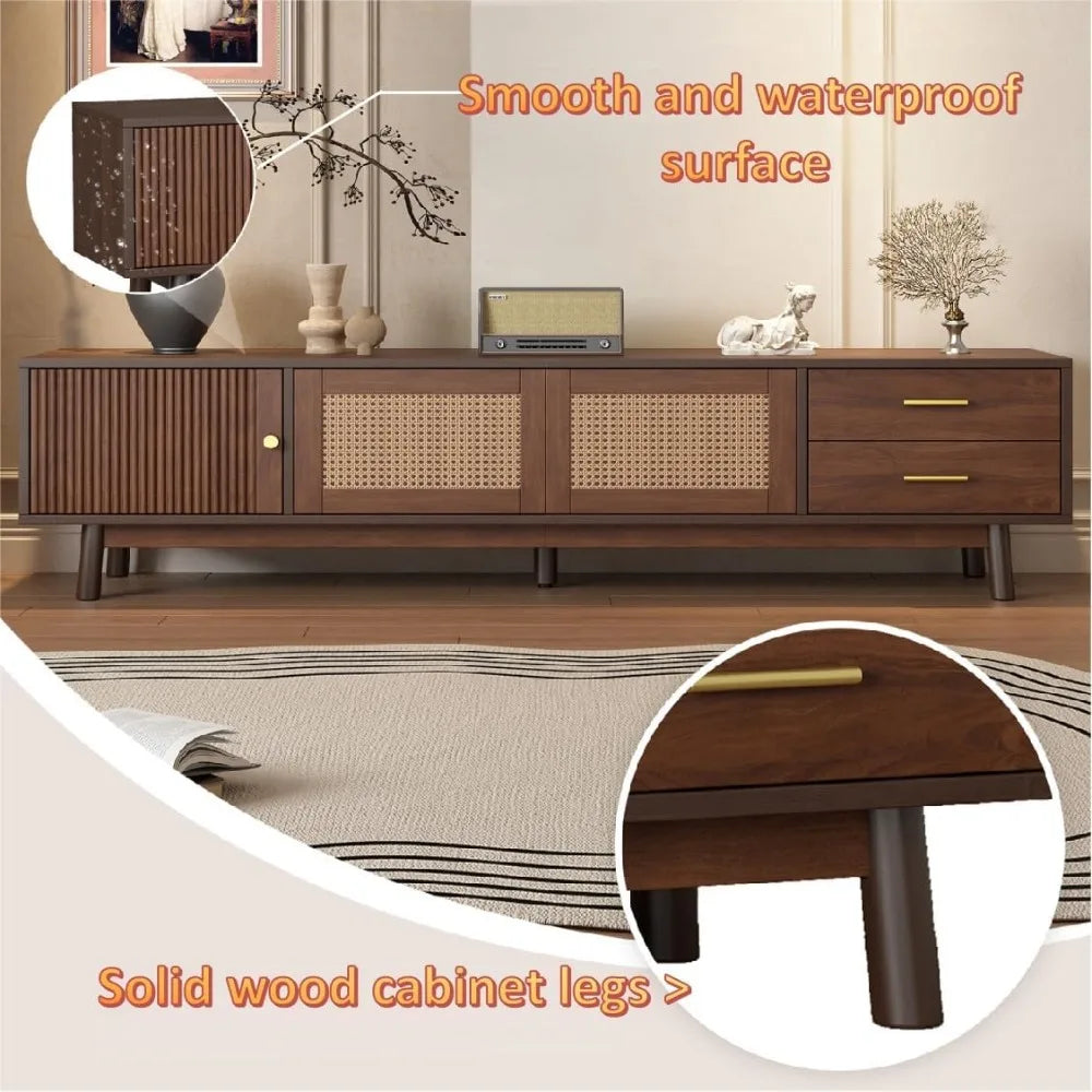 Walnut Brown Mid-Century TV Stand with Storage & Power