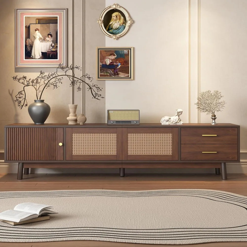 Walnut Brown Mid-Century TV Stand with Storage & Power