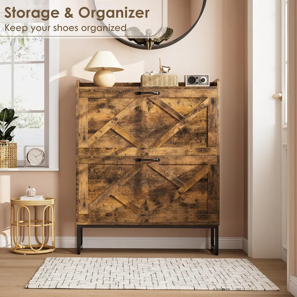 Slim Farmhouse Shoe Cabinet with 2 Flip Drawers & Metal Legs