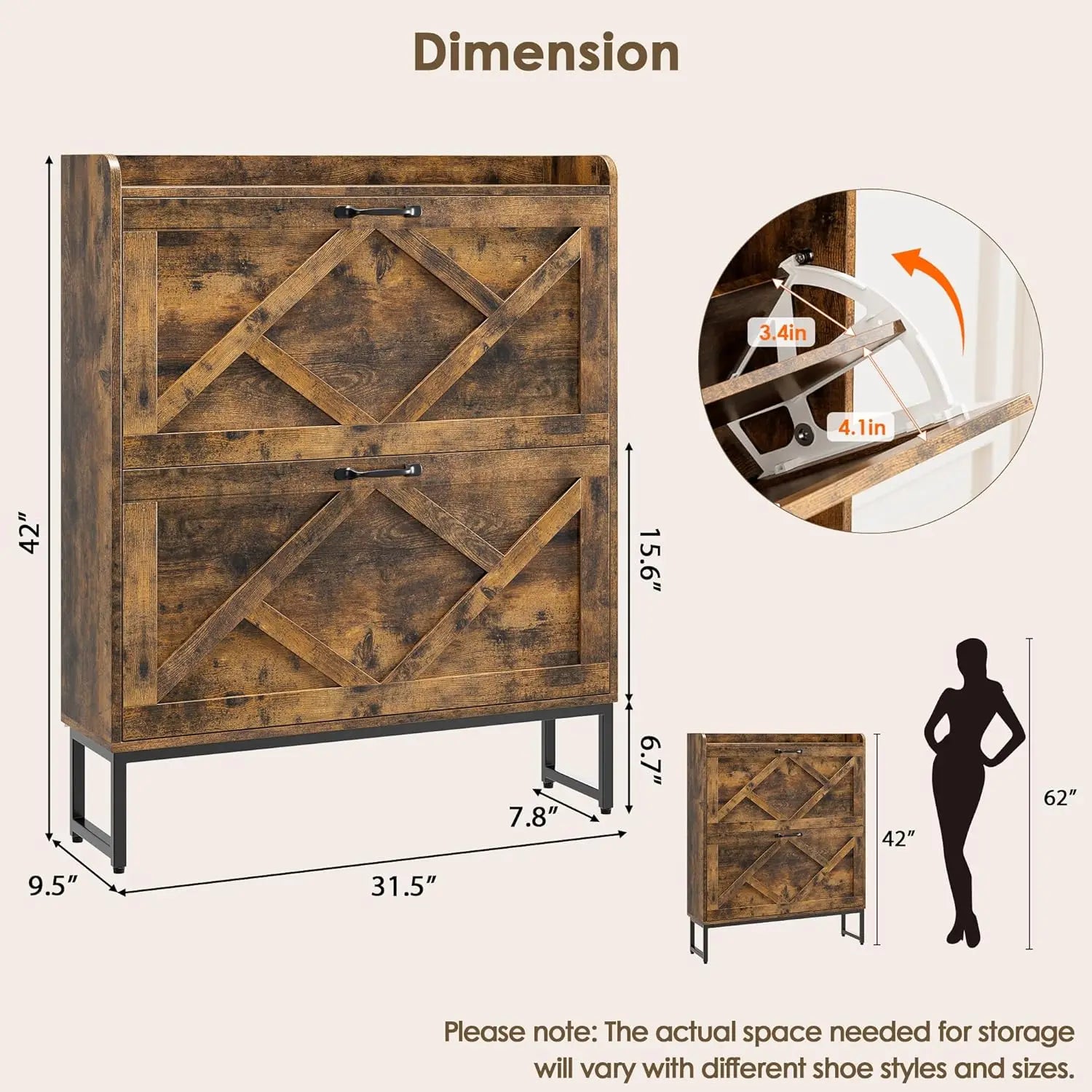 Slim Farmhouse Shoe Cabinet with 2 Flip Drawers & Metal Legs