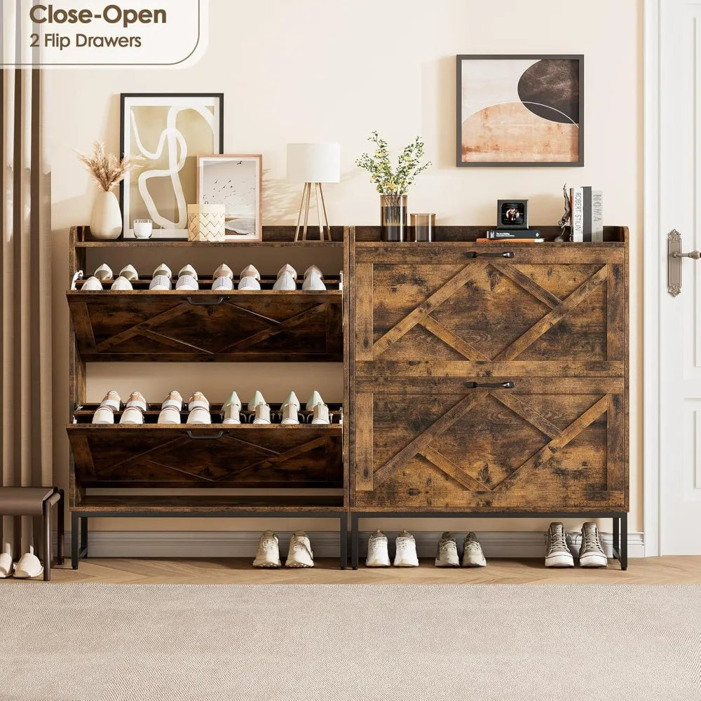 Slim Farmhouse Shoe Cabinet with 2 Flip Drawers & Metal Legs