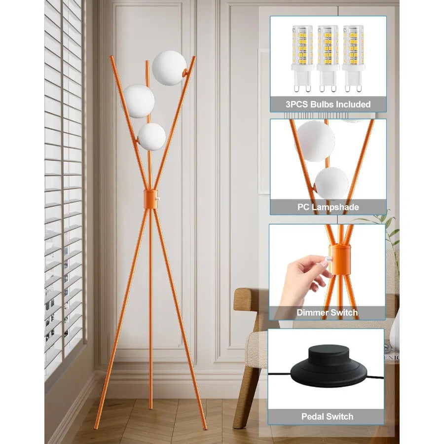 Mid-Century Orange Tripod Floor Lamp with 3 Bulbs