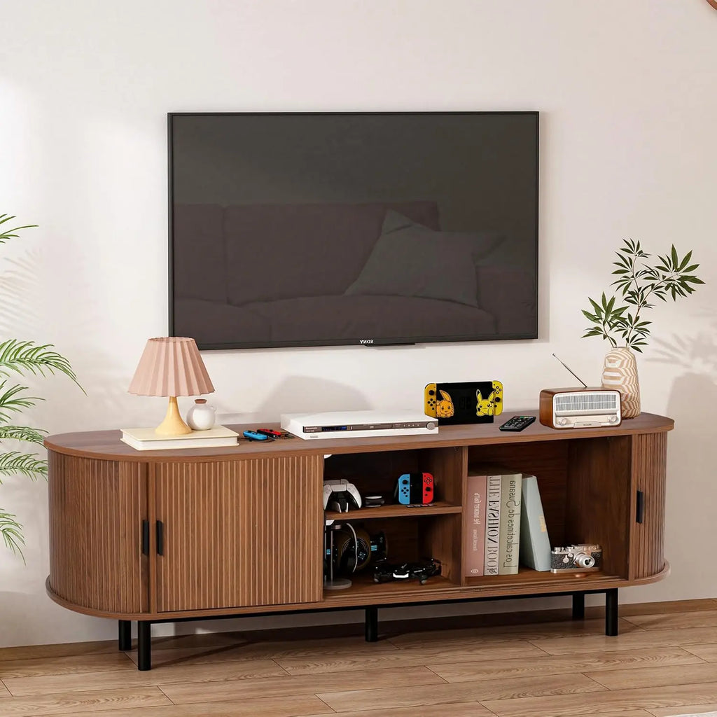 62" Mid-Century Wood TV Stand with Tambour Doors & Storage
