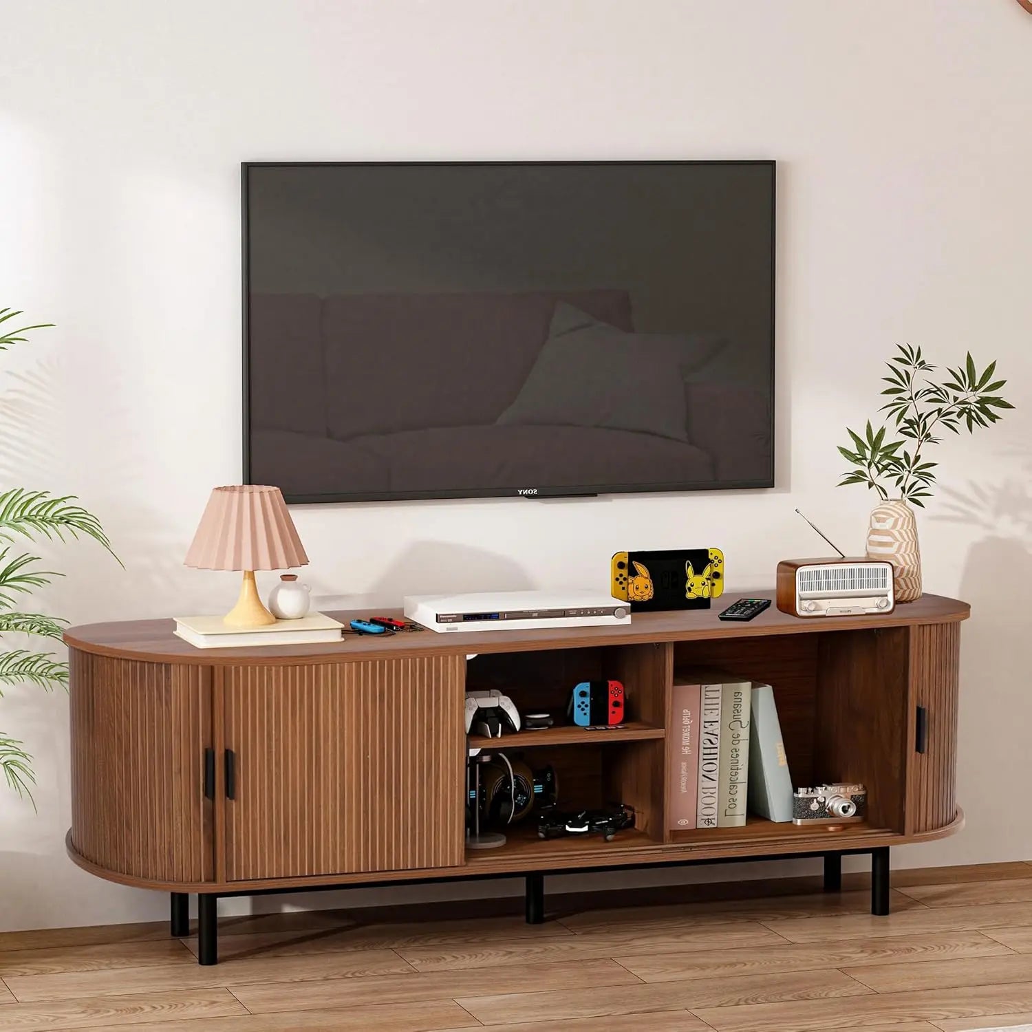 62" Mid-Century Wood TV Stand with Tambour Doors & Storage