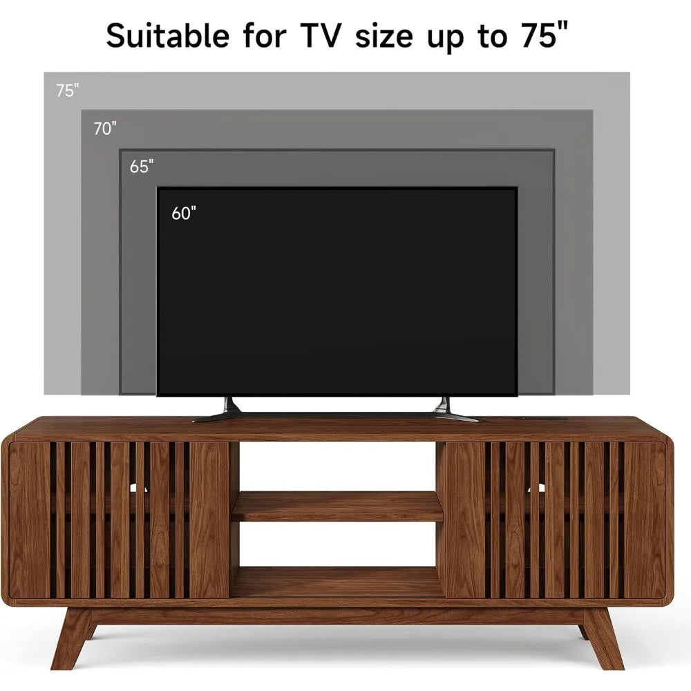 63" Mid-Century TV Stand with Power Outlet & Sliding Doors