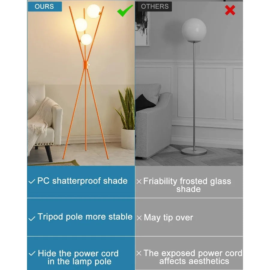 Mid-Century Orange Tripod Floor Lamp with 3 Bulbs