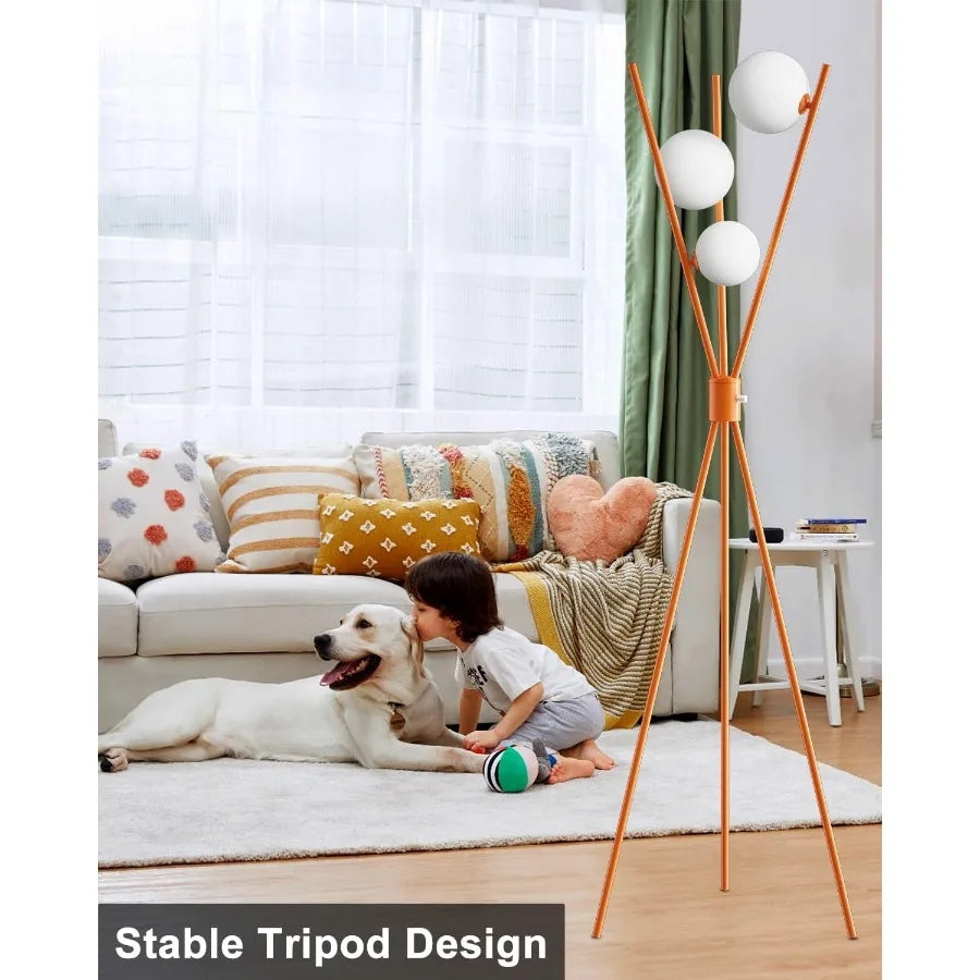 Mid-Century Orange Tripod Floor Lamp with 3 Bulbs