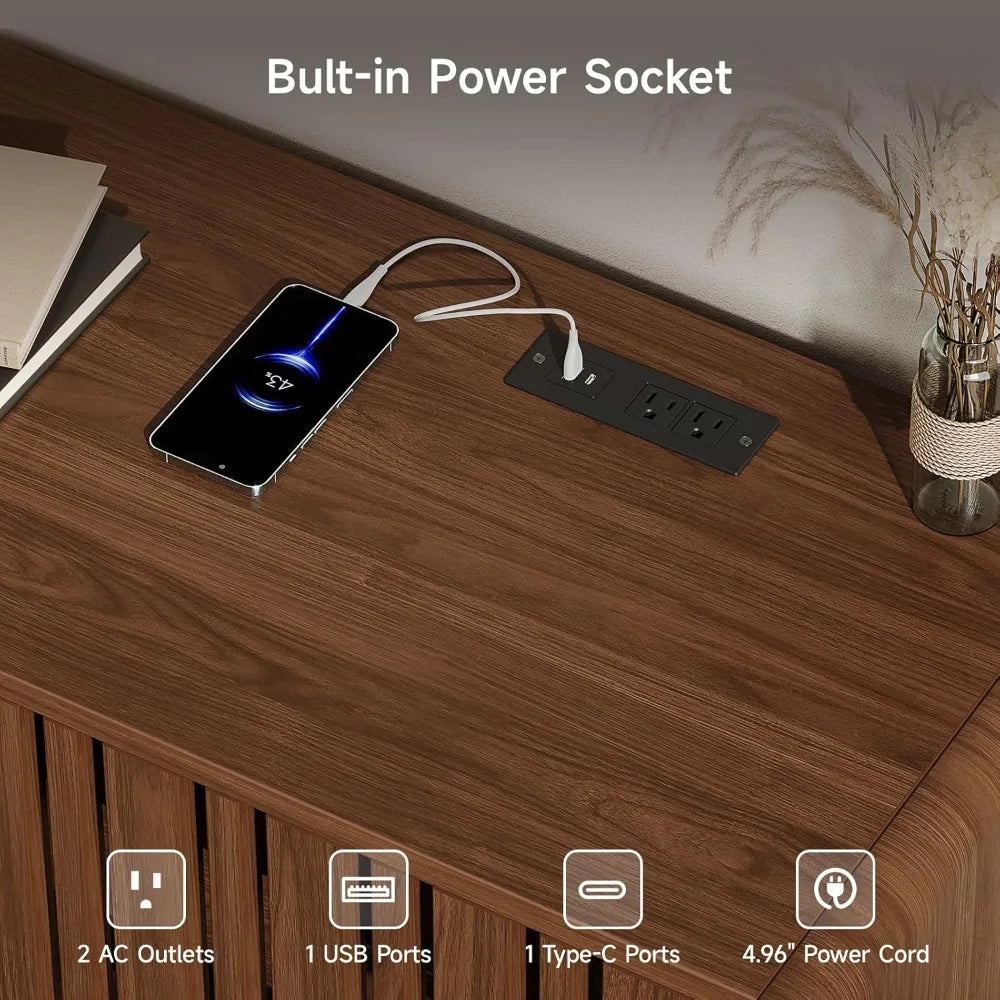 63" Mid-Century TV Stand with Power Outlet & Sliding Doors