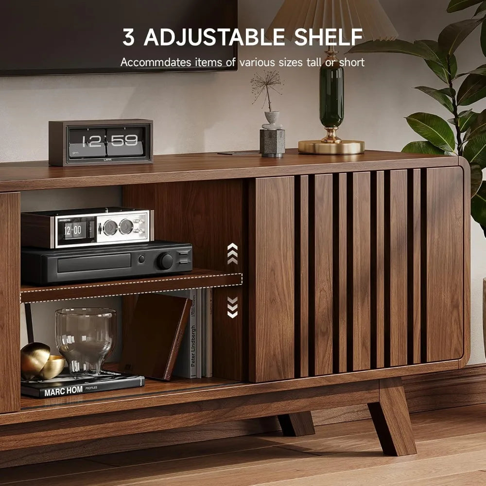 63" Mid-Century TV Stand with Power Outlet & Sliding Doors