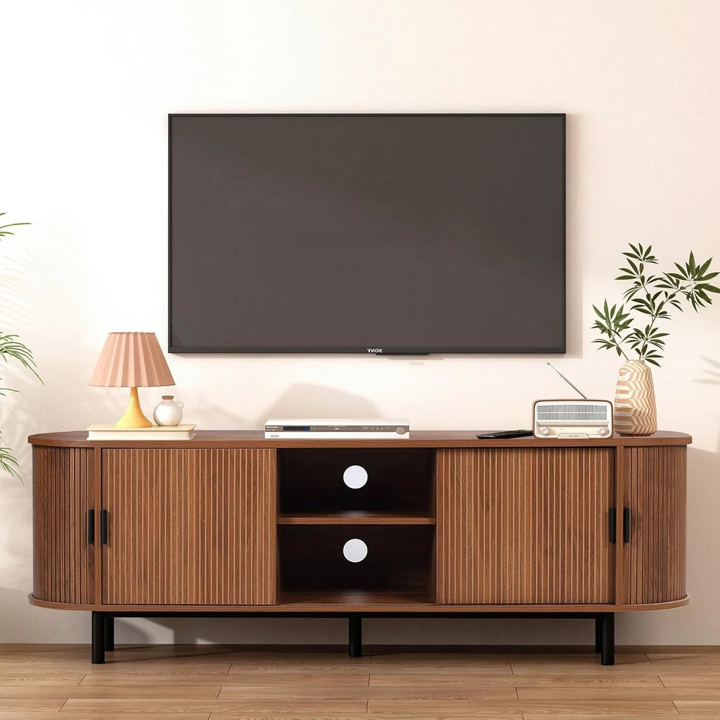 62" Mid-Century Wood TV Stand with Tambour Doors & Storage