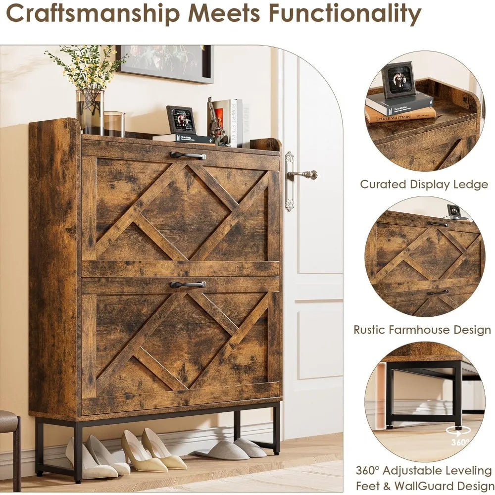 Slim Farmhouse Shoe Cabinet with 2 Flip Drawers & Metal Legs