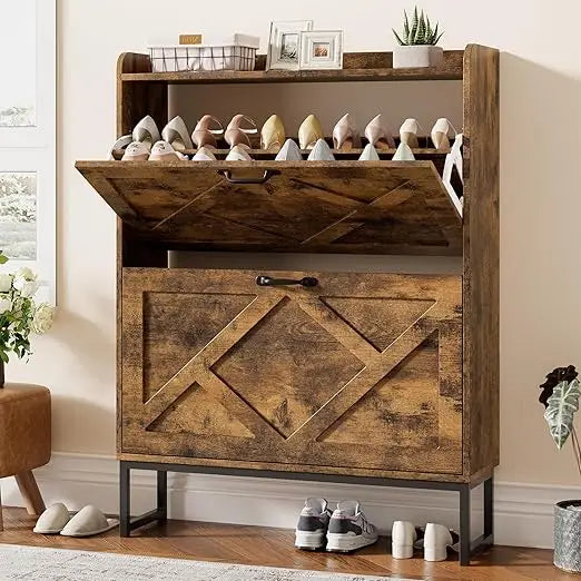 Slim Farmhouse Shoe Cabinet with 2 Flip Drawers & Metal Legs