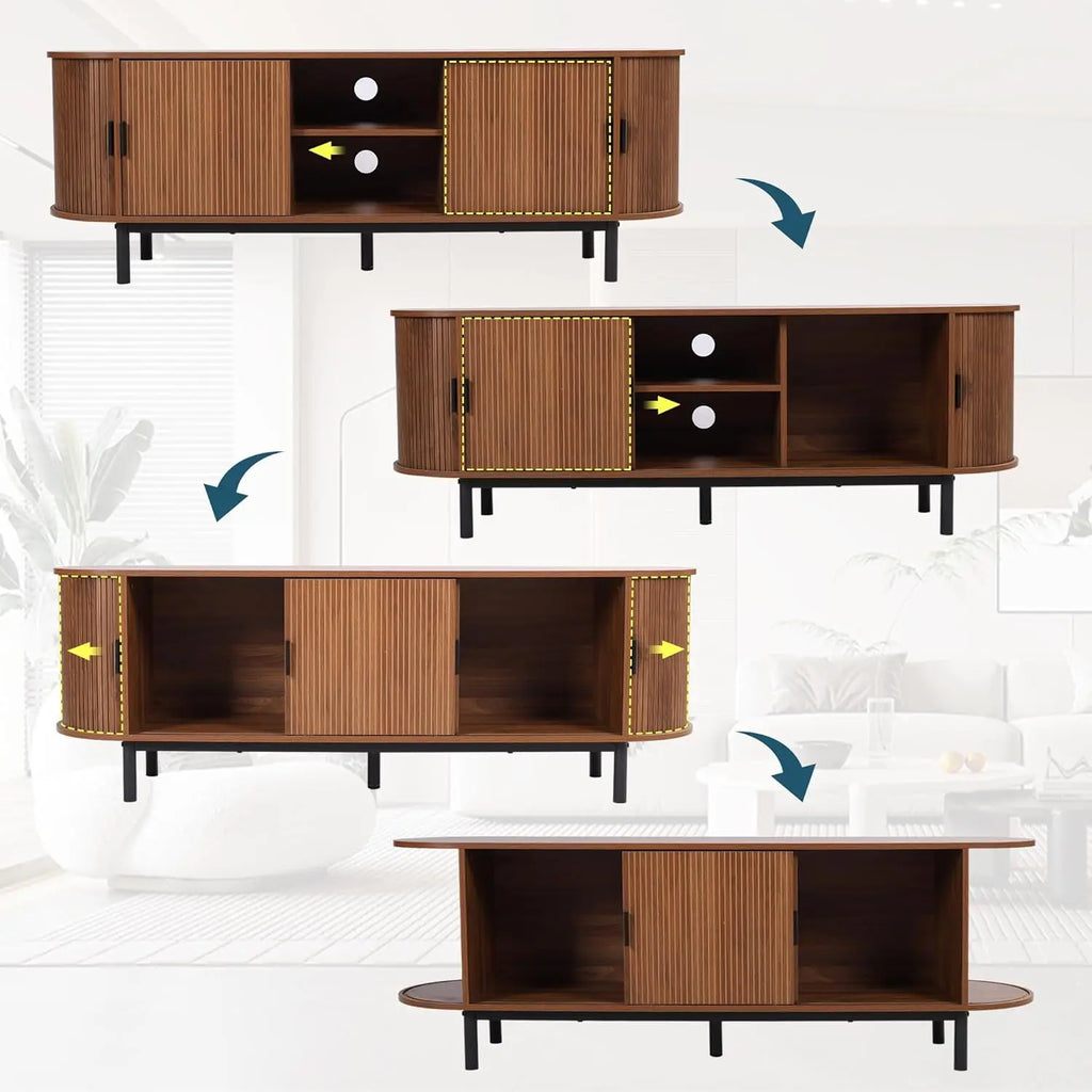 62" Mid-Century Wood TV Stand with Tambour Doors & Storage
