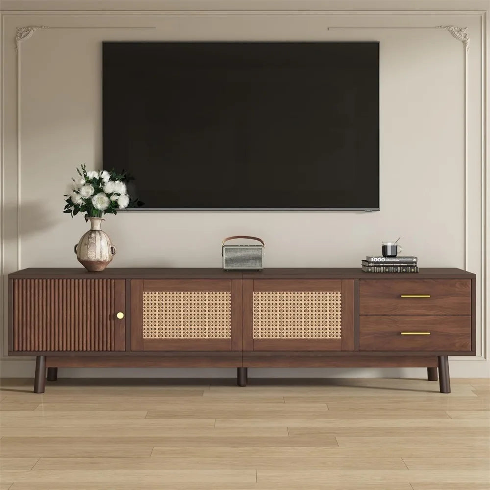 Walnut Brown Mid-Century TV Stand with Storage & Power