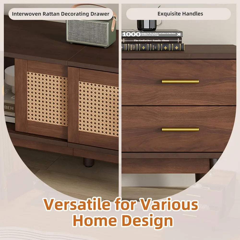 Walnut Brown Mid-Century TV Stand with Storage & Power