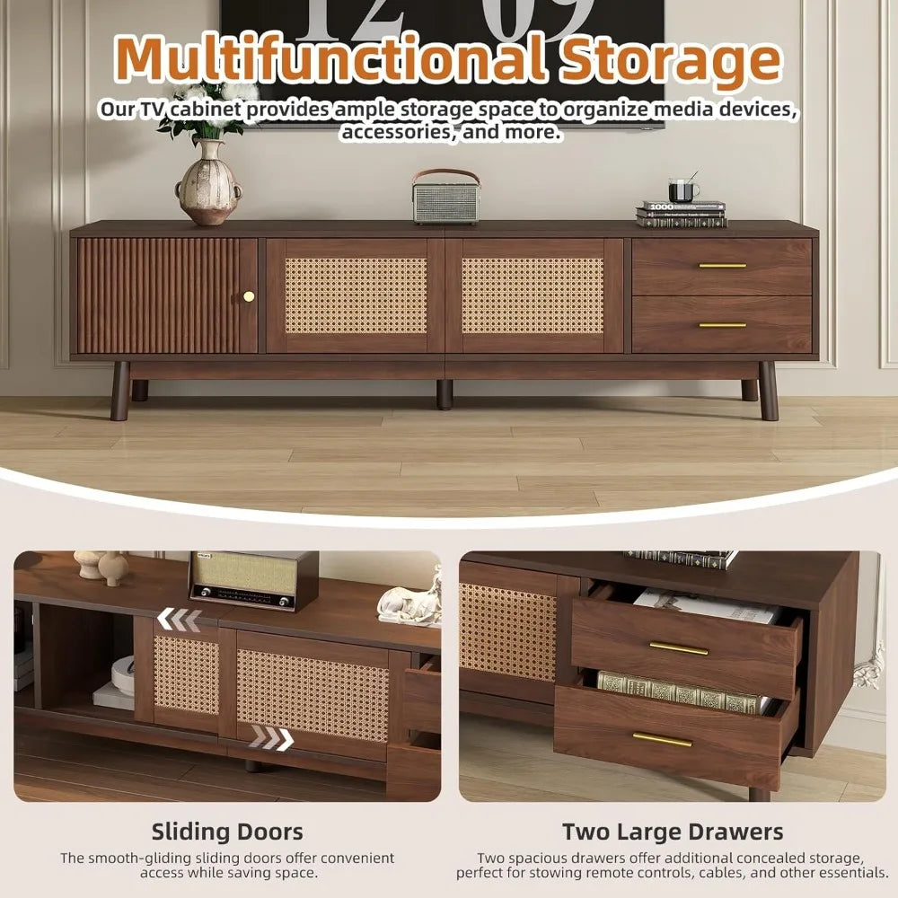 Walnut Brown Mid-Century TV Stand with Storage & Power