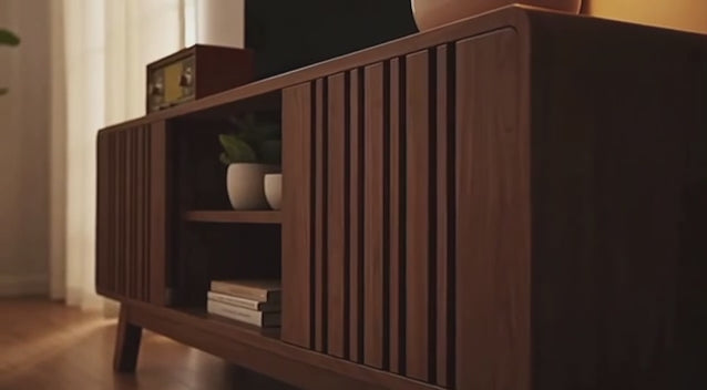 63" Mid-Century TV Stand with Power Outlet & Sliding Doors